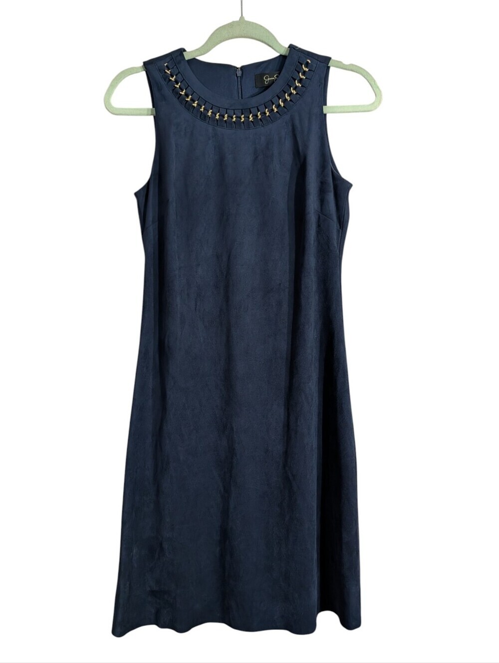 Jessica Simpson Navy Faux Suede Shift Dress with Gold Chain Neckline | Sleeveles - Picture 2 of 8
